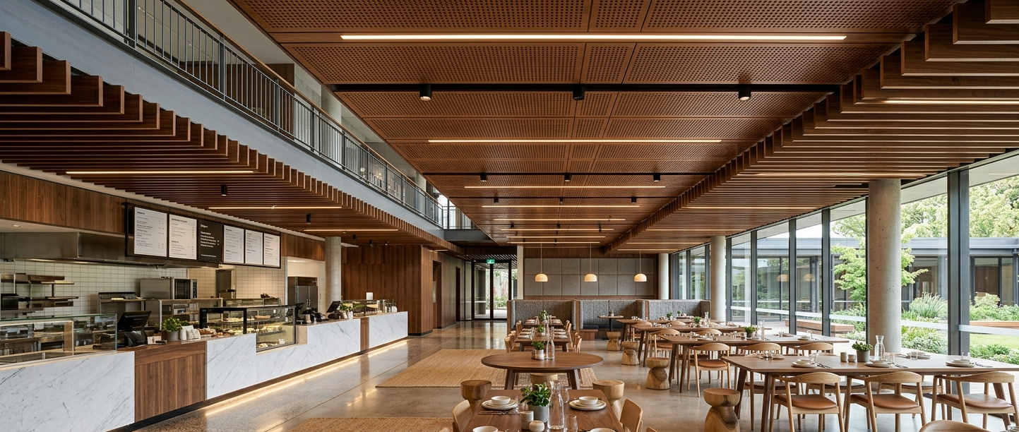 Murano perforated acoustic timber ceiling panels installed in a modern cafeteria to reduce reverberation and improve dining acoustics