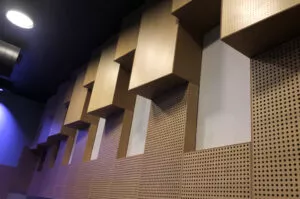 Perforated Murano Acoustic Timber Panels – Bass Traps in Recording Studio