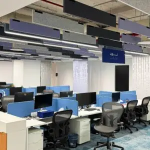 Decrasound acoustic baffles suspended from the ceiling to reduce reverberation and improve sound clarity in a modern office environment.