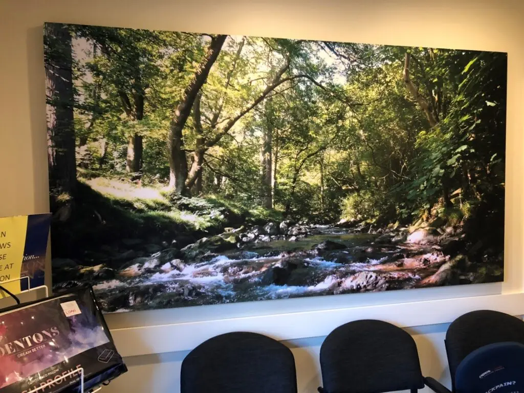 Serenity Acoustic Art Panel featuring a waterfall photograph, installed in a modern Medical reception area to provide acoustic comfort and visual appeal.