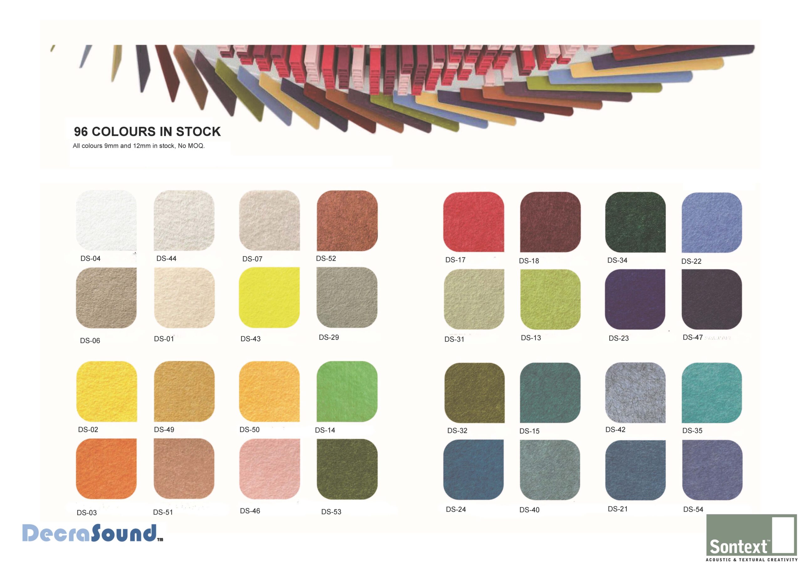 Decrasound 96-colour acoustic panel chart showing DS-coded fabric samples in various shades with Sontext and Decrasound branding.