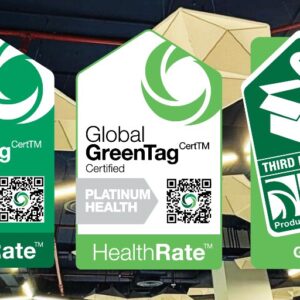 Global GreenTag Level A, PlatinumHEALTH, and Product Health Declaration certification logos displayed on acoustic ceiling background.
