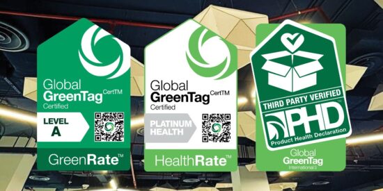 Global GreenTag Level A, PlatinumHEALTH, and Product Health Declaration certification logos displayed on acoustic ceiling background.