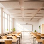 Acoustic wall panels in grey and orange colours installed above windows in a school administration office