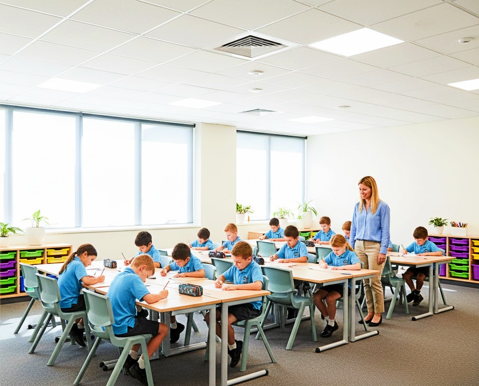 Students focusing in a quieter classroom with acoustic ceiling panels