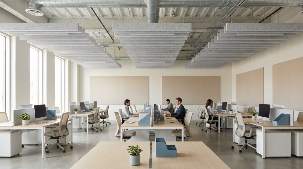 Open plan office with suspended acoustic baffles and wall panels reducing workplace noise