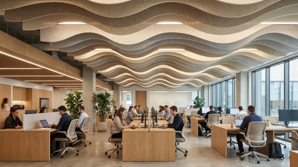 Acoustic ceiling panels in modern office boardroom improving speech clarity and reducing echo