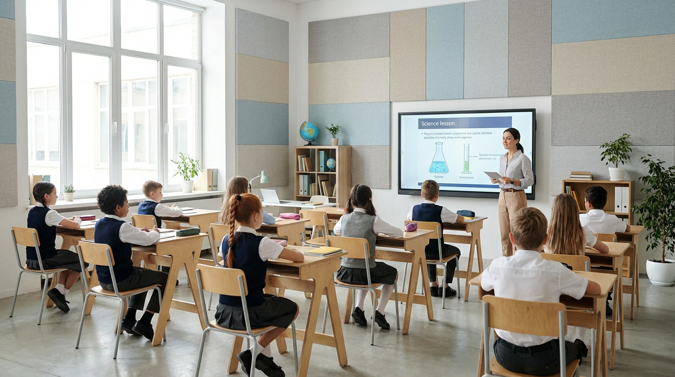 Classroom acoustic panels installed on walls to reduce noise and improve learning