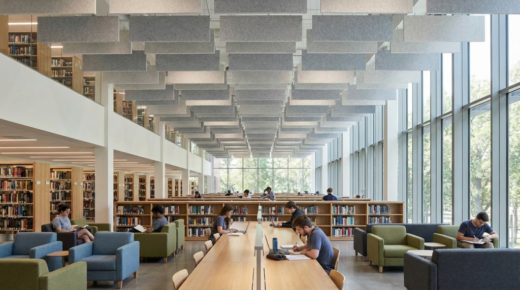 Acoustic ceiling panels in large library space reducing noise and reverberation