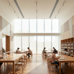 Library acoustic panels installed in modern interior creating quiet study spaces