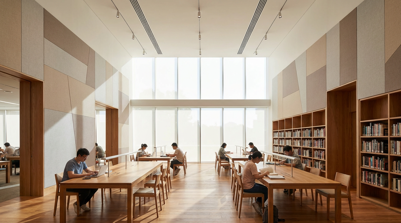 Library acoustic panels installed in modern interior creating quiet study spaces