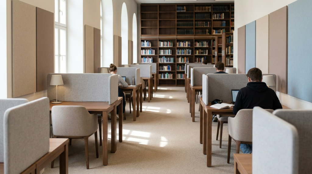 Acoustic panels in library study zone improving quiet learning environment