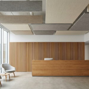 Acoustic ceiling panels in office reception area reducing noise and echoontext