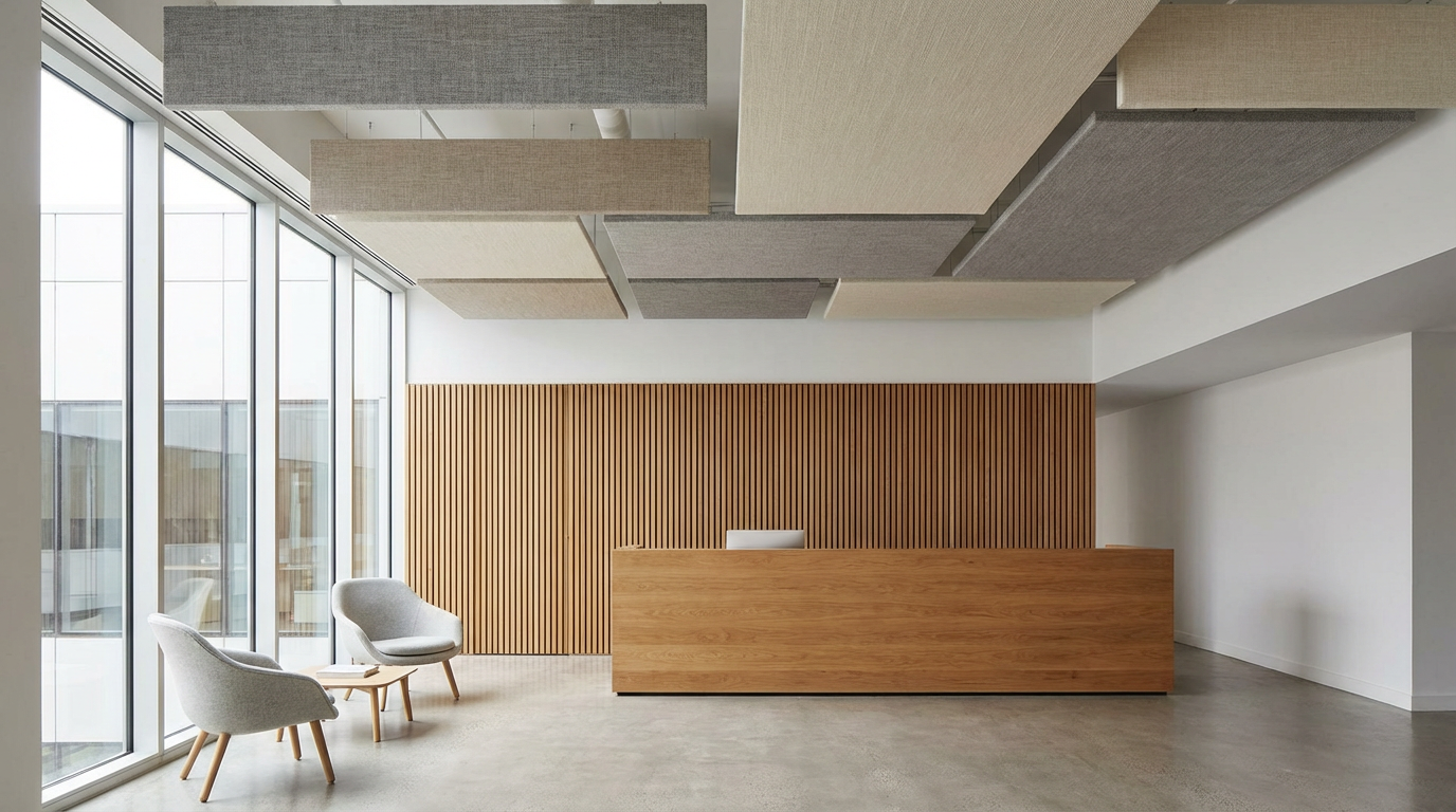 Acoustic ceiling panels in office reception area reducing noise and echoontext