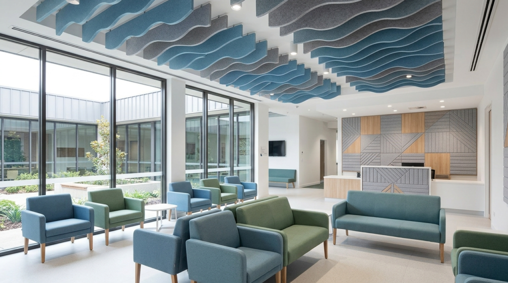 Decrasound acoustic wall panels installed in a hospital corridor to reduce reflected sound and improve acoustic comfort