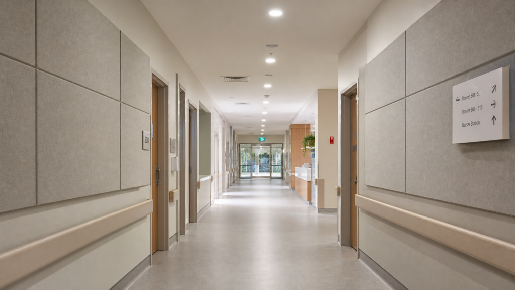 This image shows Decrasound acoustic panels used in a modern healthcare waiting area to improve acoustic comfort and reduc