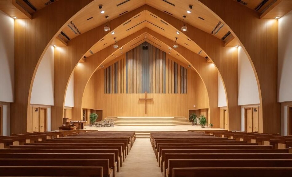 Church worship hall featuring Murano acoustic wood wall and ceiling panels