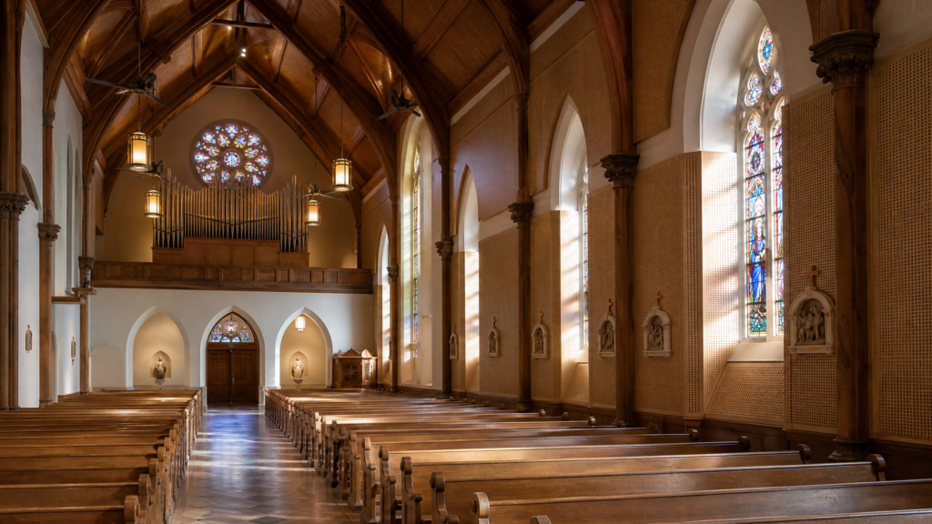 Traditional church interior with Murano timber acoustic wall panels for worship space acoustics