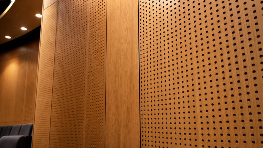 Close-up of Murano perforated timber acoustic wall panels in a performance venue