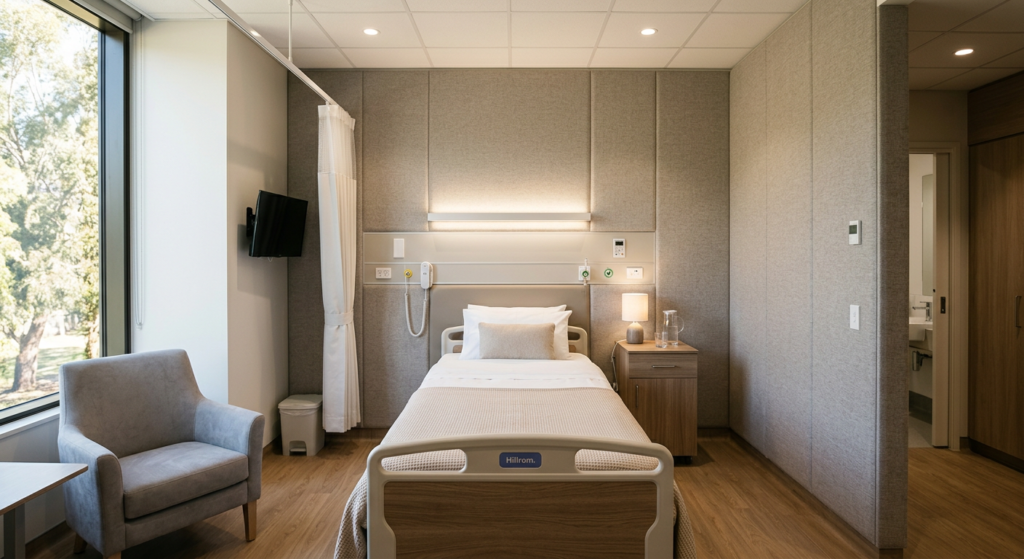 Serenity fabric acoustic wall panels installed in a private hospital patient room to improve acoustic comfort and reduce reverberation