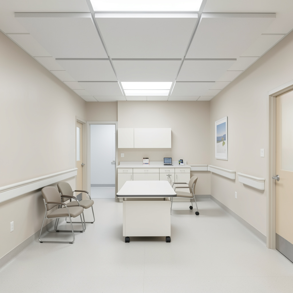 Sonofonic acoustic ceiling panels installed in a healthcare consultation room to improve sound absorption and acoustic comfort