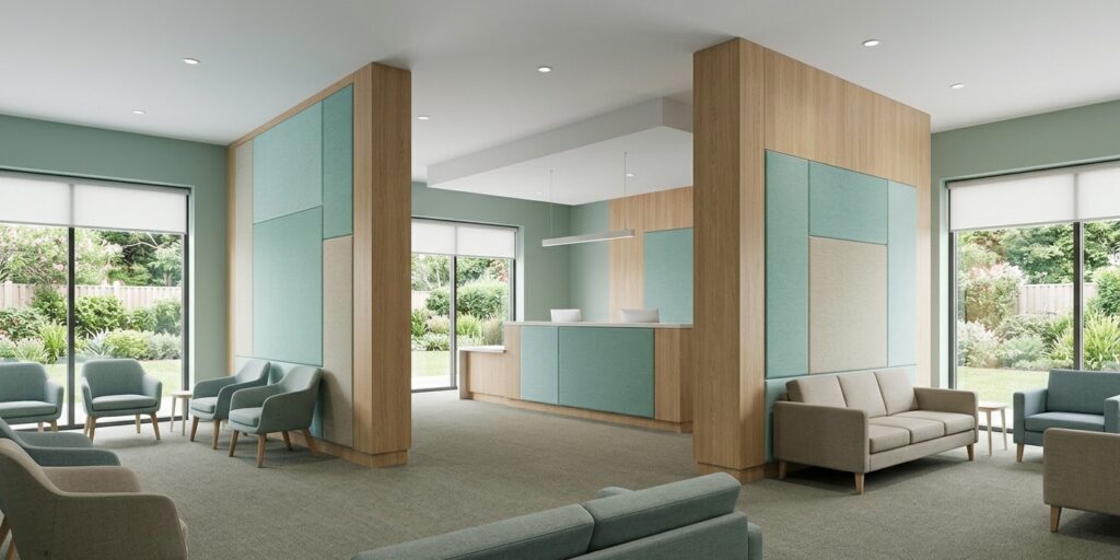 Healthcare waiting room featuring Serenity fabric acoustic wall panels in multiple colours, improving acoustic comfort and reducing noise in patient waiting areas.