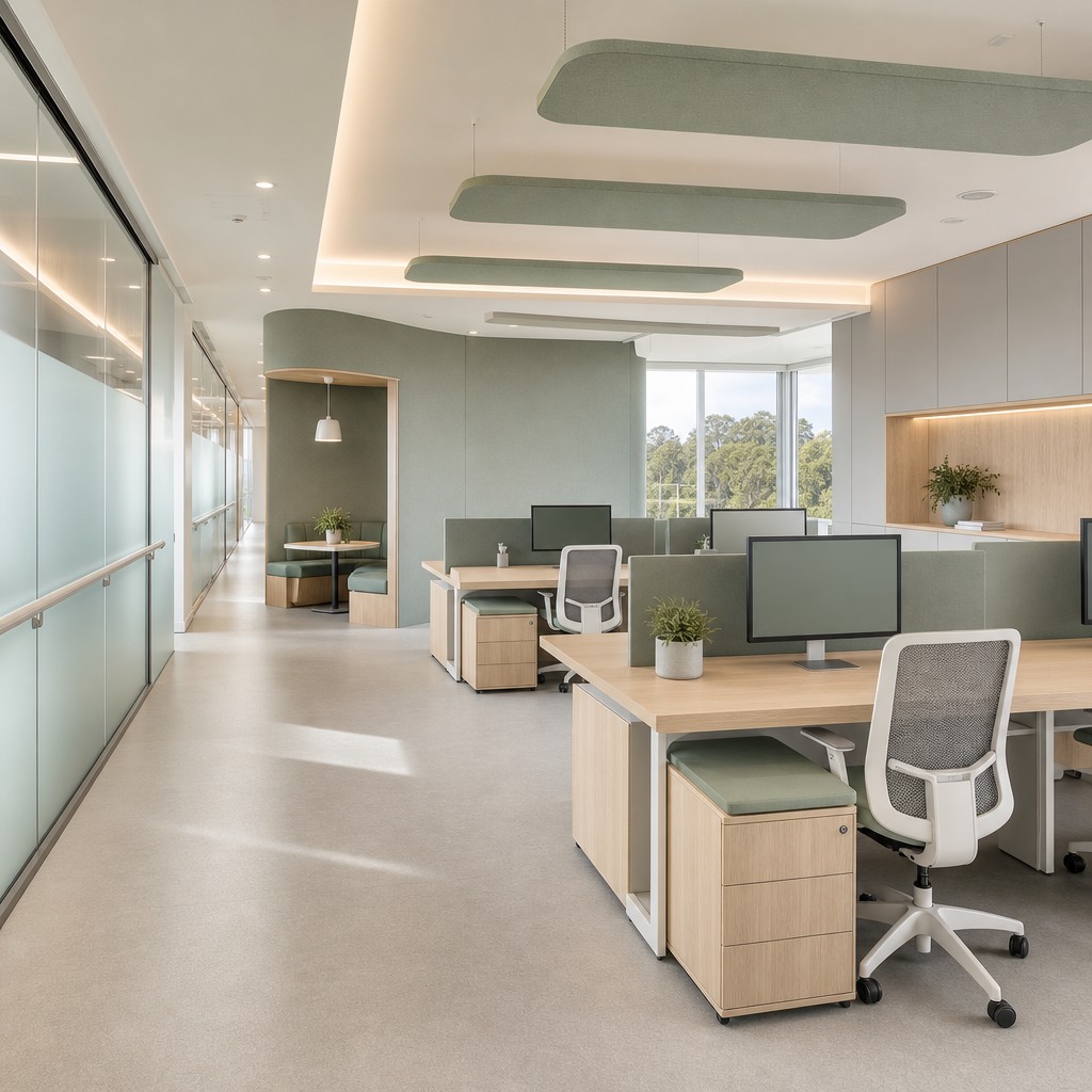 Hospital administration office featuring suspended acoustic ceiling clouds above open plan workstations.