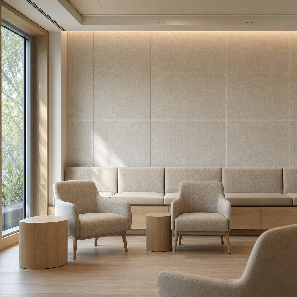 Modern healthcare waiting room featuring Serenity fabric acoustic wall panels, timber finishes and comfortable seating designed to improve patient comfort and reduce noise.