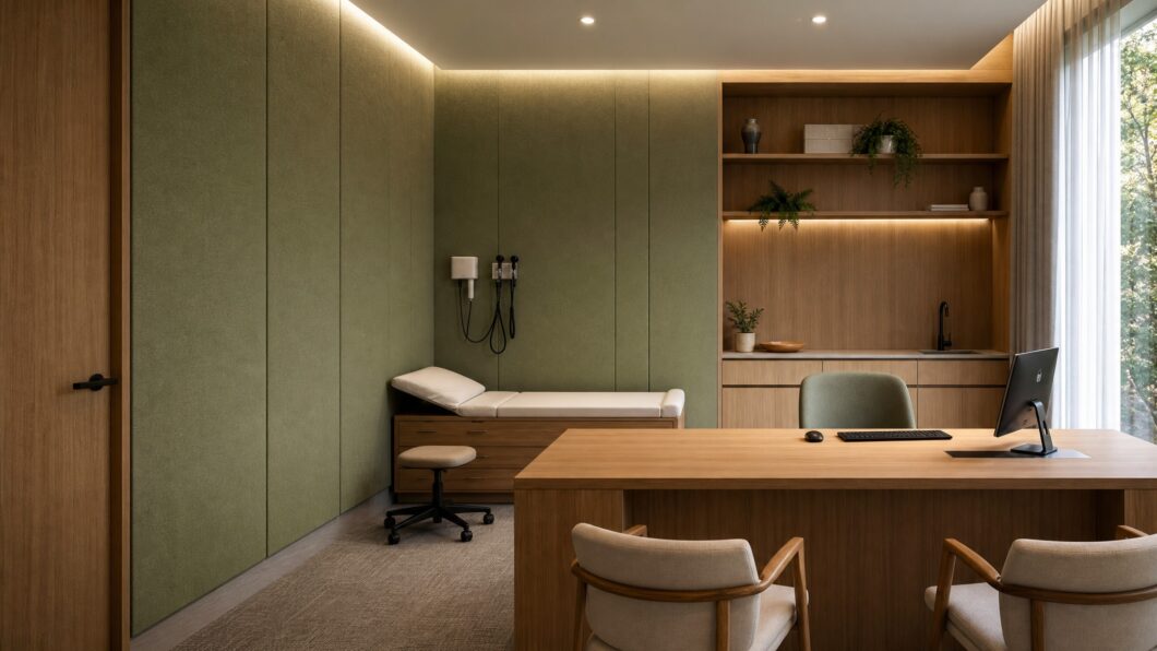 Medical consulting room featuring full-height green Serenity fabric acoustic wall panels, timber joinery and contemporary healthcare design.