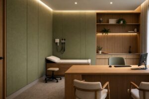 Medical consulting room featuring full-height green Serenity fabric acoustic wall panels, timber joinery and contemporary healthcare design.