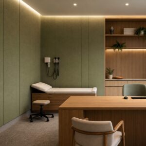 Medical consulting room featuring full-height green Serenity fabric acoustic wall panels, timber joinery and contemporary healthcare design.