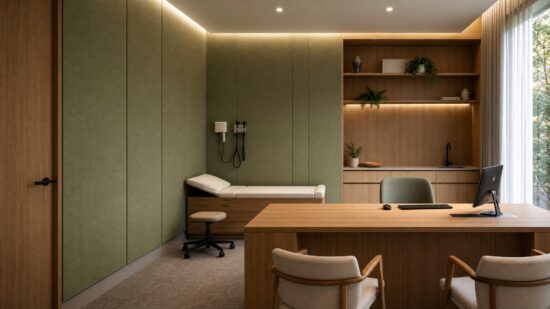 Medical consulting room featuring full-height green Serenity fabric acoustic wall panels, timber joinery and contemporary healthcare design.