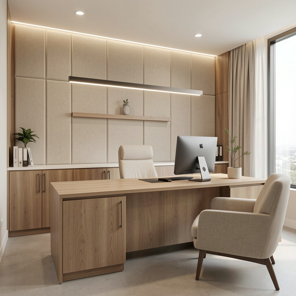 Modern medical consulting room featuring Serenity fabric acoustic wall panels, timber joinery, integrated lighting and a private healthcare consultation workspace.