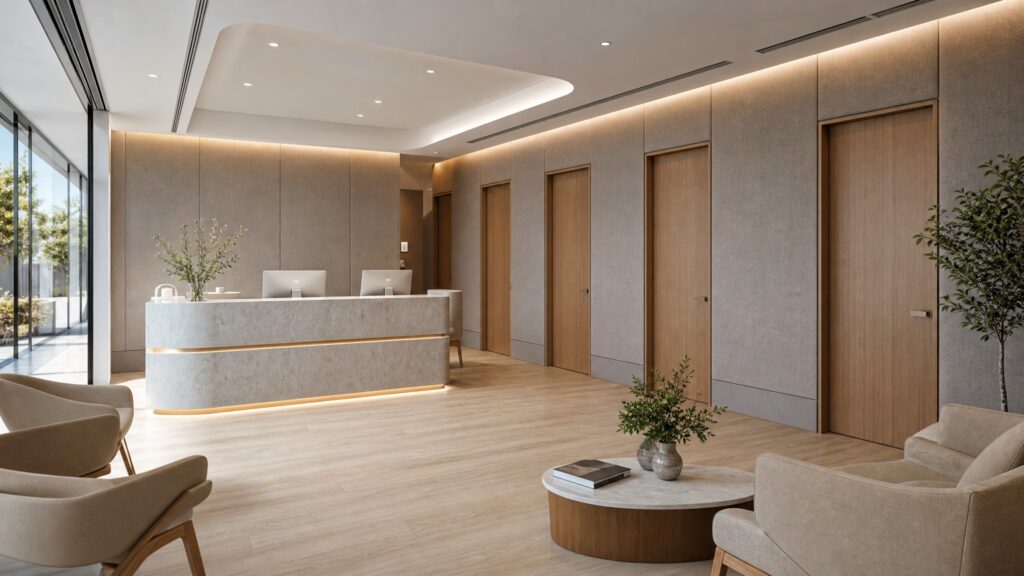 Modern medical reception area featuring Serenity fabric acoustic wall panels, timber doors, stone reception desk and contemporary healthcare interior.