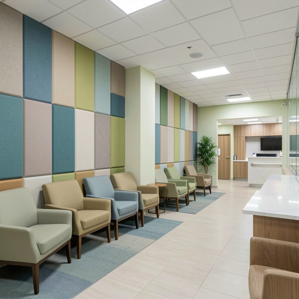 Medical waiting room featuring colourful Serenity fabric acoustic wall panels, comfortable seating and a contemporary healthcare fitout.