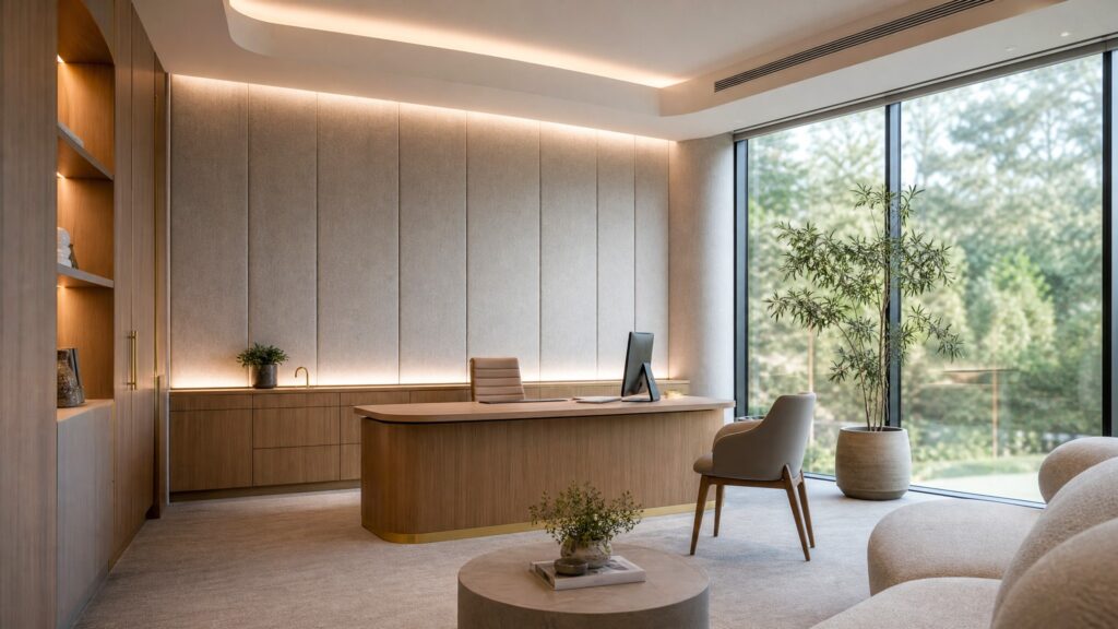 Specialist consulting suite featuring Serenity fabric acoustic wall panels, timber joinery, curved reception desk and floor-to-ceiling glazing.