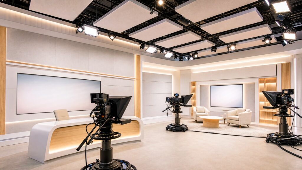 Modern television broadcast studio featuring Serenity fabric acoustic wall panels designed to improve speech clarity and control reverberation in professional media environments.