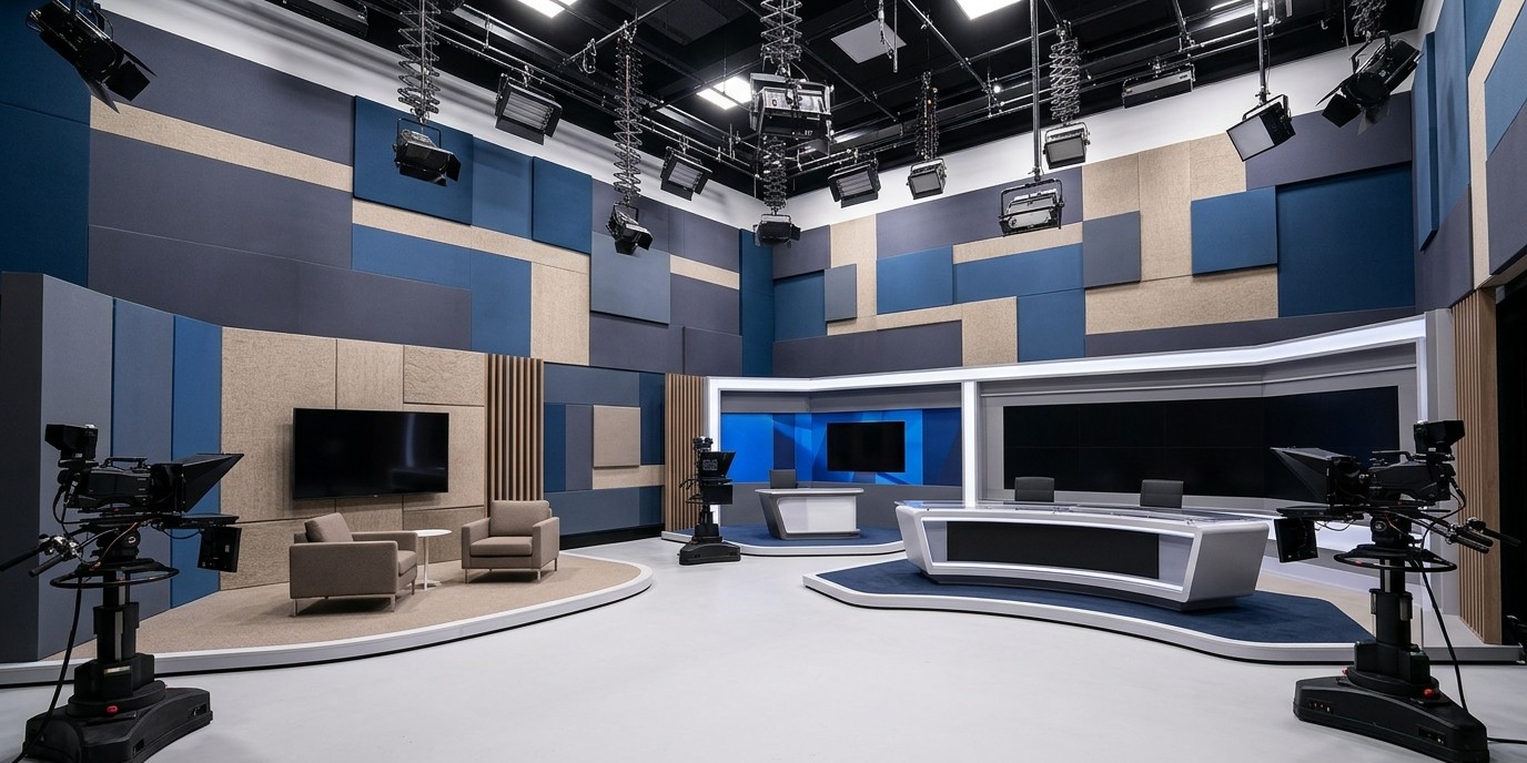 Television interview studio featuring Serenity fabric acoustic wall panels designed to improve speech clarity and reduce reverberation in a broadcast environment.