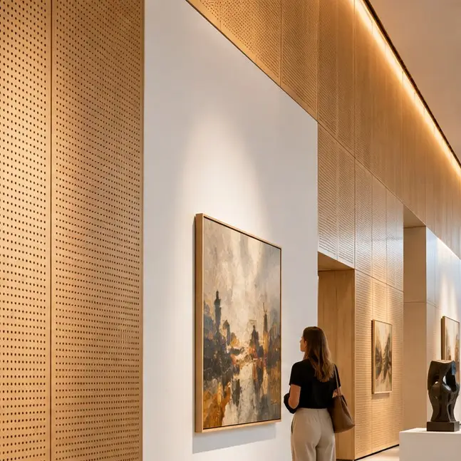 Perforated timber acoustic wall panels installed in a museum exhibition space