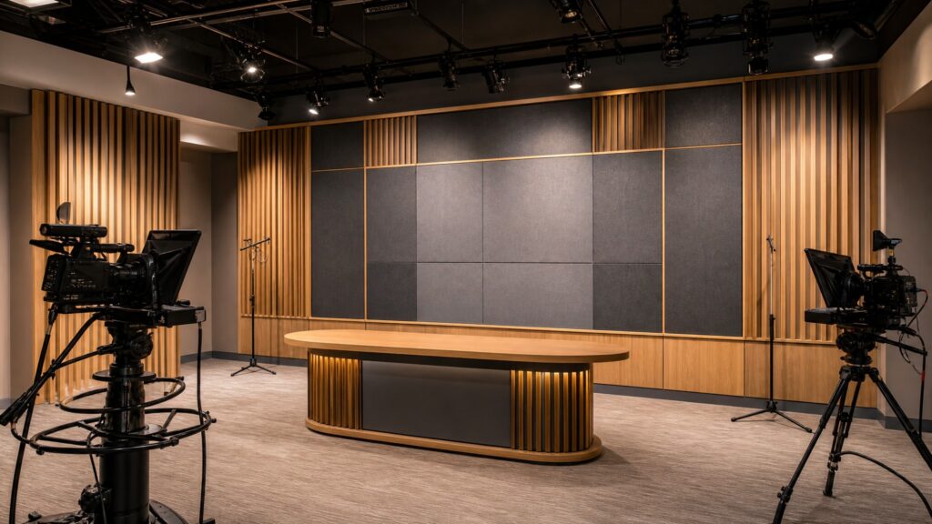 Broadcast acoustics supported by fabric acoustic panels in a studio
