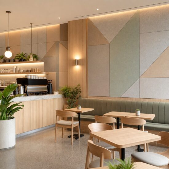 Modern café interior with geometric acoustic wall panels above banquette seating.