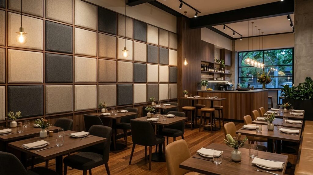 Restaurant dining area with fabric acoustic wall panels installed in a framed grid layout.