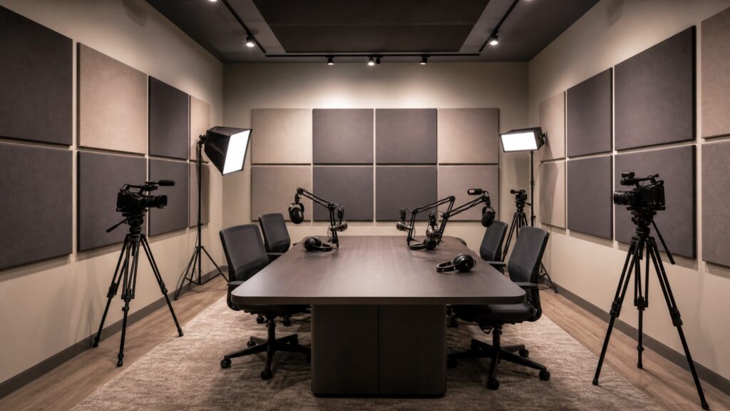 Media studio fabric acoustic panels used for speech recording