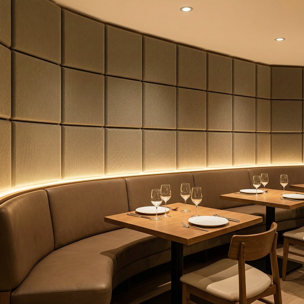 Restaurant dining area with Serenity 50mm bevelled edge fabric acoustic wall panels above curved booth seating.