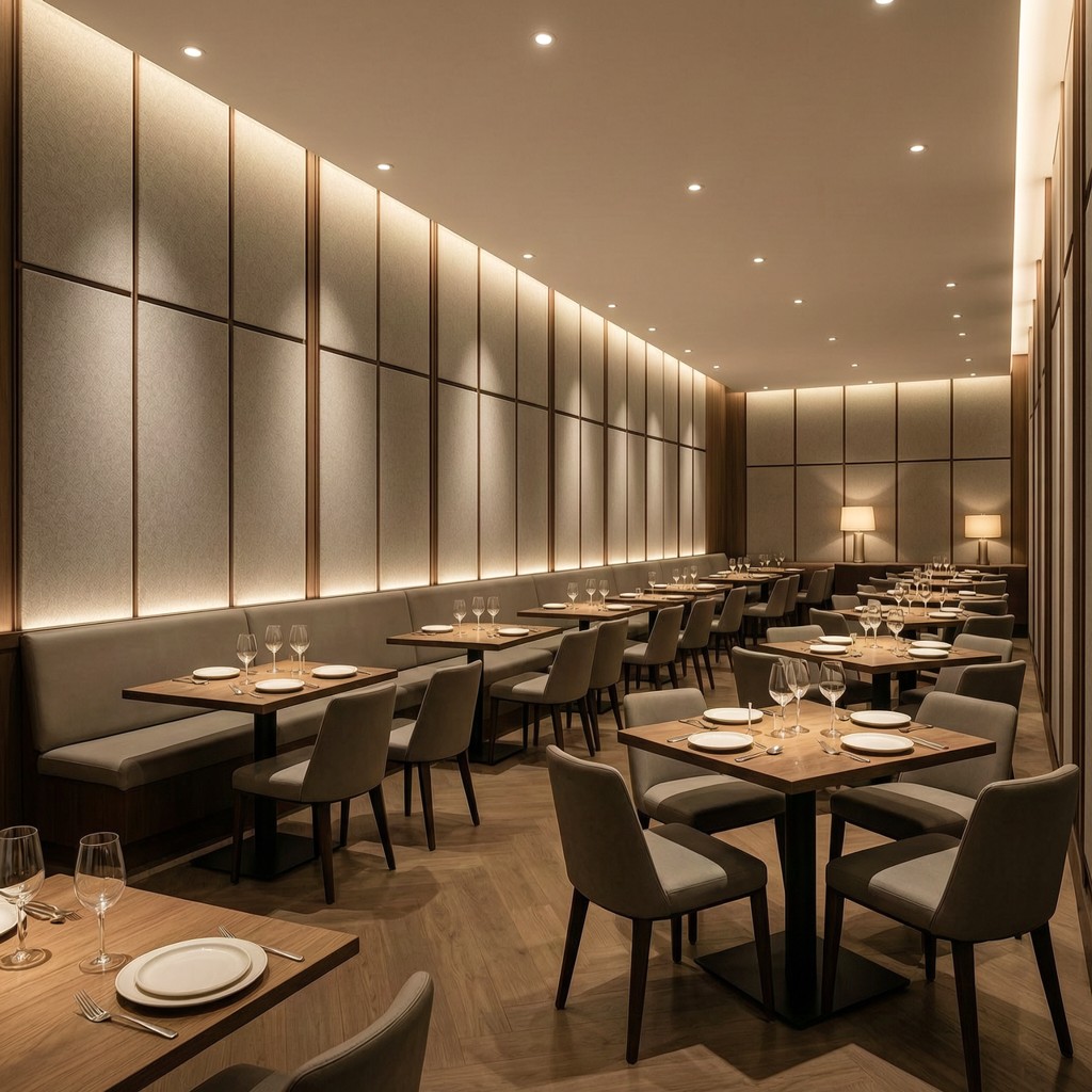 Restaurant dining room with Serenity Fabric acoustic wall panels installed along the main wall.