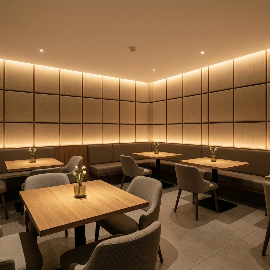 Restaurant dining area with SerenityLite 25mm fabric acoustic wall panels installed above booth seating.