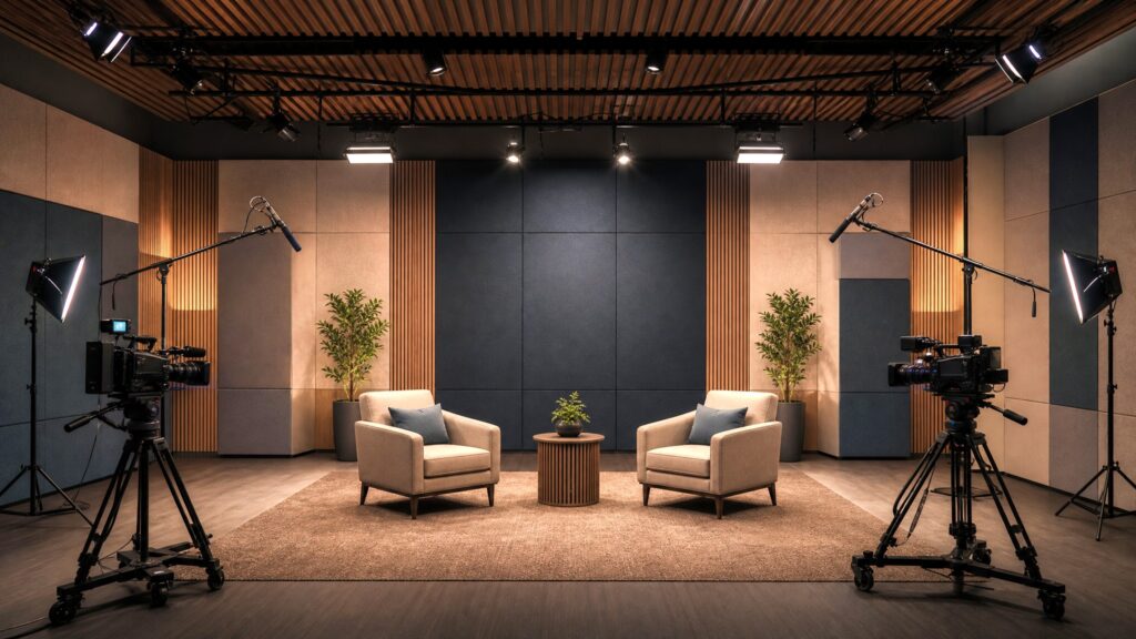 Television studio interior with acoustic panels on the wall