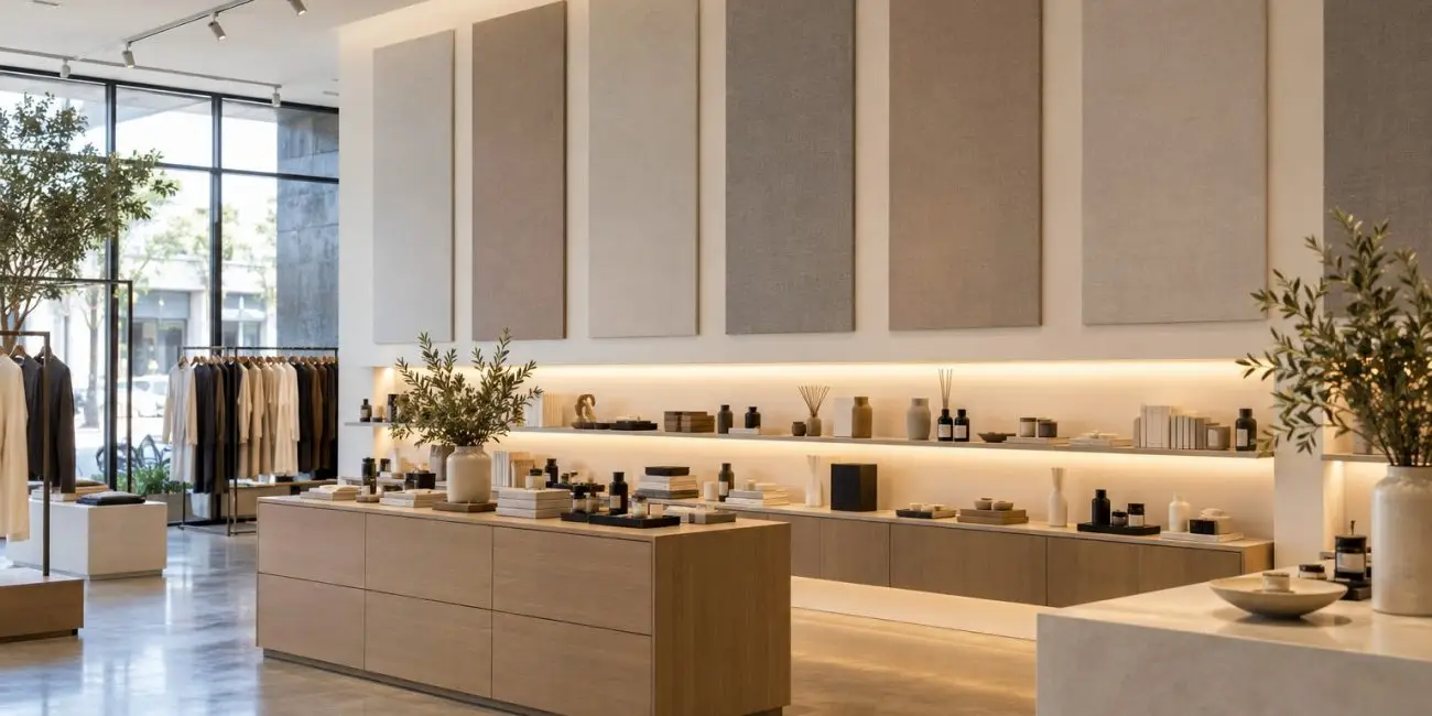 Fabric acoustic wall panels integrated into a modern retail interior