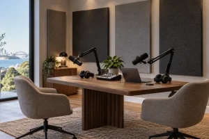 Sontext fabric acoustic panels installed in a contemporary home podcast studio