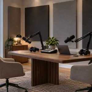 Sontext fabric acoustic panels installed in a contemporary home podcast studio